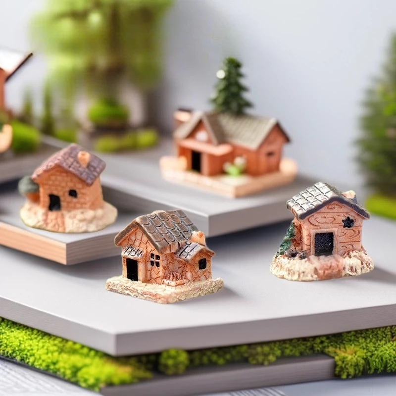 3pcs Moss Micro Landscape Fenced House Micro Landscape Decorative Accessories Resin Small House Ornaments Villa Ornaments
