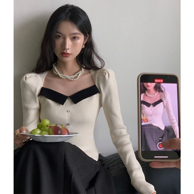 MEXZT Vintage Knitted Sweater Women Square Collar Cropped Pullovers Korean Elegant Slim Knitwear Simple Patchwork Jumpers Tops