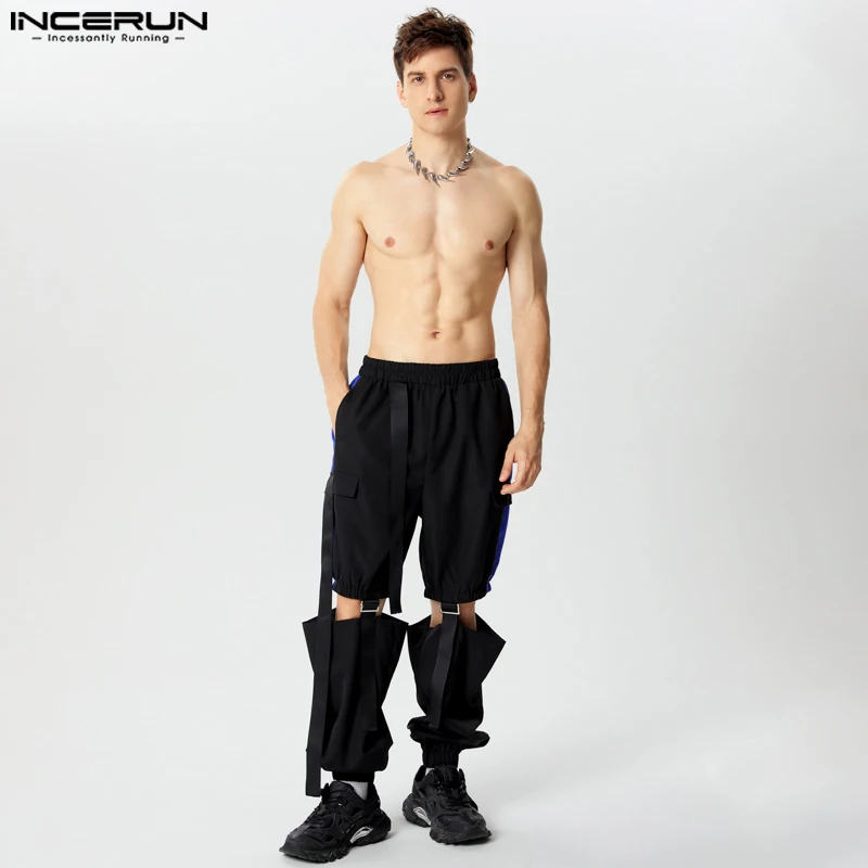 INCERUN 2024 American Style Trousers Sexy Fashion Men's Deconstructive Design Pants Streetwear Ribbon Contrast Hollow Pantalons