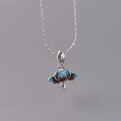 New Silver Enamel Lotus Blue Pendant Necklace clasp original Chinese minority design retro charming women's jewelry