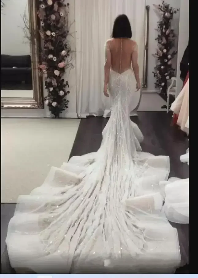 Customized Sexy See Through Beads SequinsMermaid Wedding Dresse Cathedral Train Long Sleeves Vestidos De Casamento Vintage Br