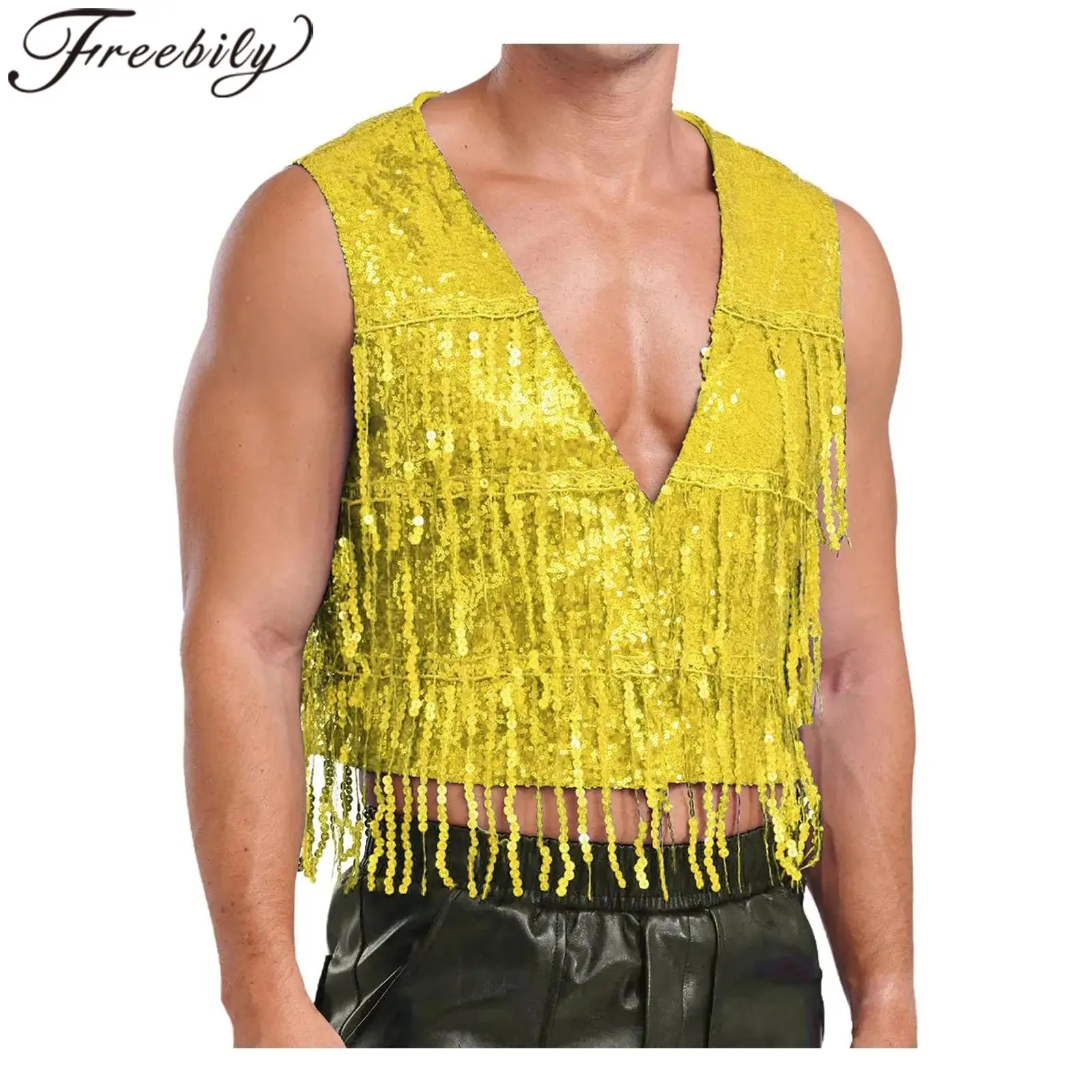 

Мужские блестящие жилеты с блестками и кисточками, жилет без рукавов, блестящий кардиган, карнавальный джаз, танц, рейв-музыкальный фестиваль, клубная одежда, жилет