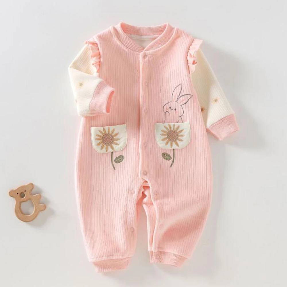 Baby Girl Clothes Winter Autumn Baby Rompers Long Sleeve Floral Ruffles Patchwork Warm Infant Jumpsuits 3-18 Months