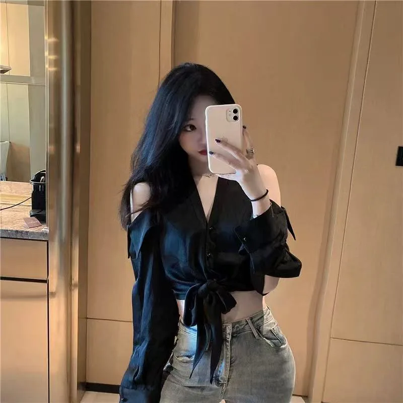 Korean Chic Off Shoulder Women Shirt Spring Sexy Hollow Out Long Sleeve Female Blouse Y2K Streetwear V Neck Ladies Crop Tops