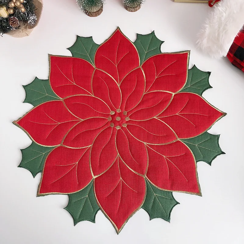 30PCS Christmas table Placemats Red Flowers flax desk mat kitchen Placemat for tablletop XMAS Holiday kitchen decor Wholesale