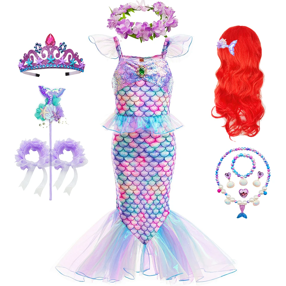 

Rainbow Mermaid Dress For Girls Halloween Theme Princess Party Costume Ruffles Fish Pattern Print Dress 2-8 Yrs Kid Elegant Gown