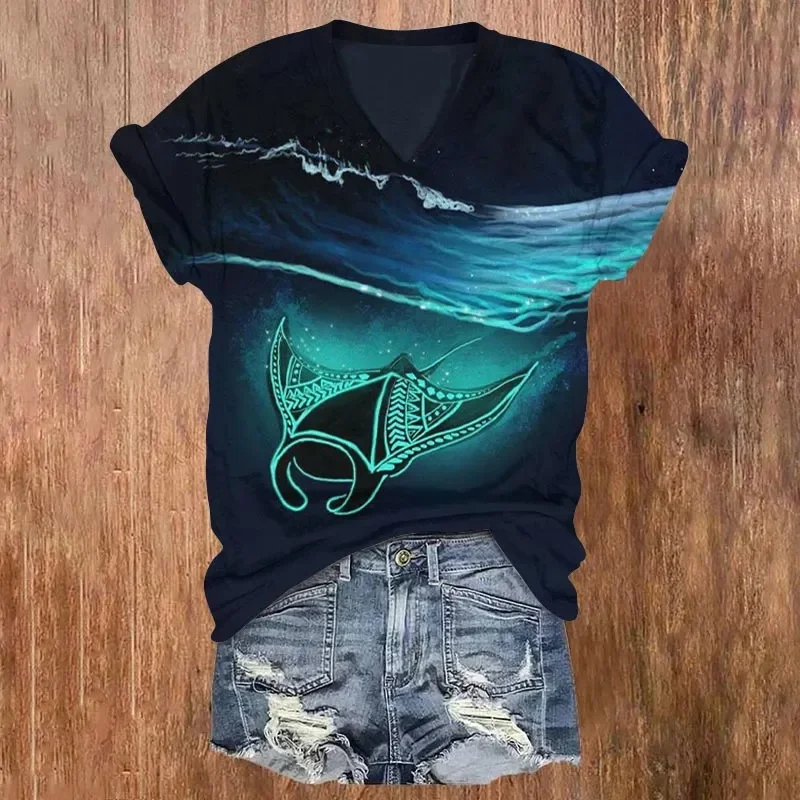 Women's T-shirt Summer Casual Tops Luminous Ray Swimming To The Deep Sea Art Printed V-neck T Shirts