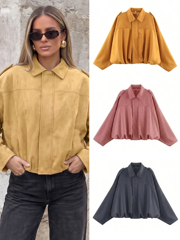 HH Women Elegant Faux Suede Outwear Solid Color Retro Long Sleeve Zipper Fly Lapel Coat 2026 Fashion High Street Bomber Jacket