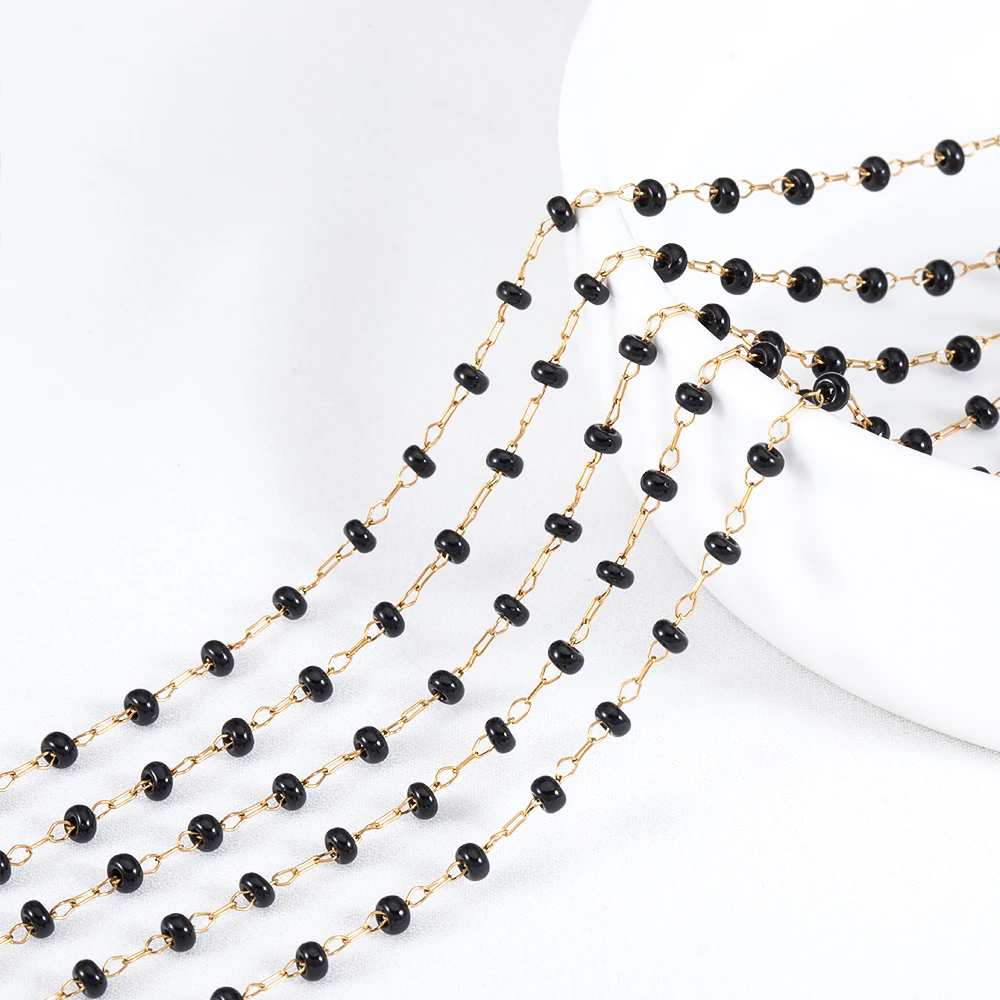

1M Stainless Steel Black Glass Flat Beads Elegant Beaded Chain Gold Color Chains for DIY Women Necklace Bracelets Jewelry Making