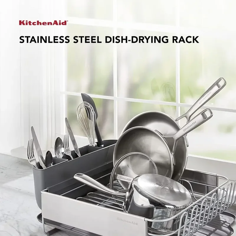Large Capacity Fully Size Self Draining Rust Resistatant Satin Coated Dish Rack with Removable Flatware Caddy 20.47-Inch Gray