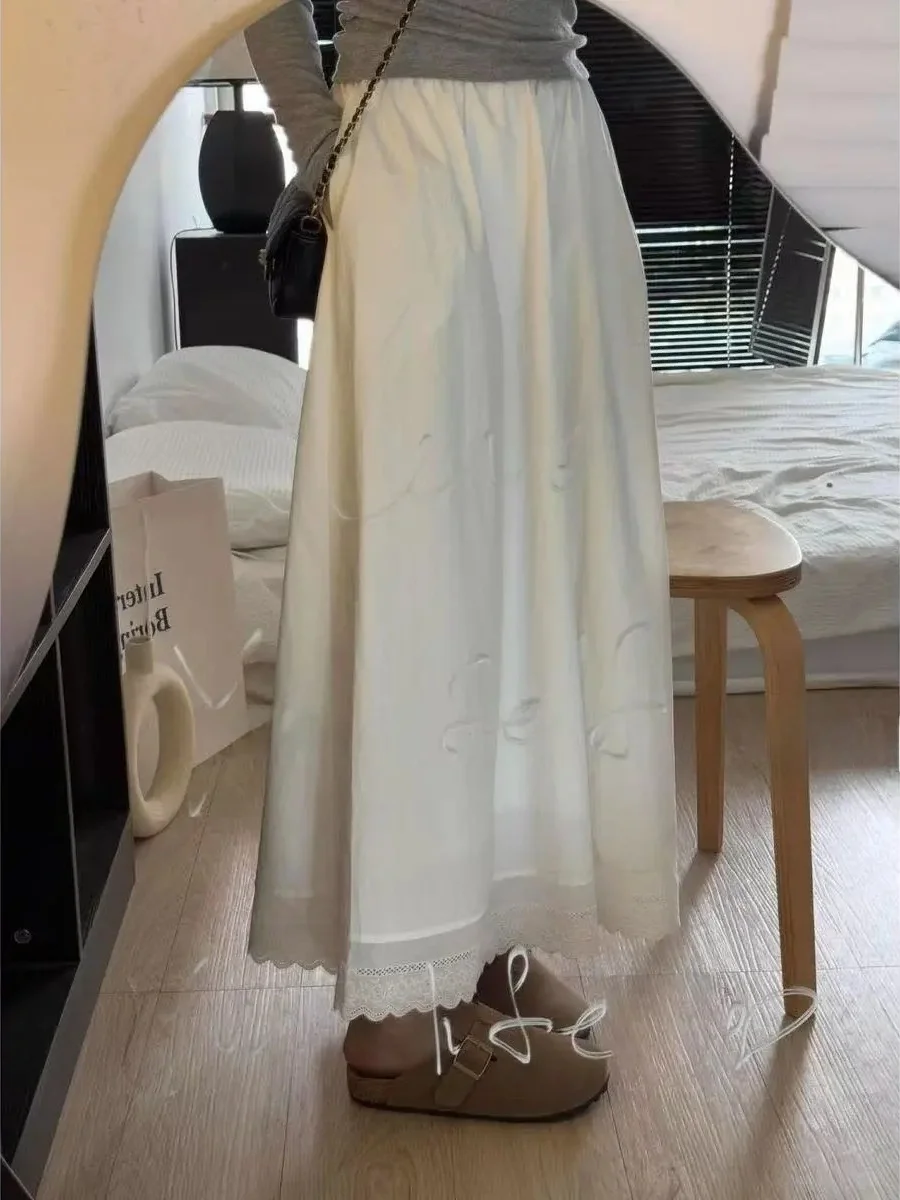 

Корейская белая юбка А-силуэта с кружевной отделкой, женская модная юбка на весну-лето, новинка, полная длина, на резинке