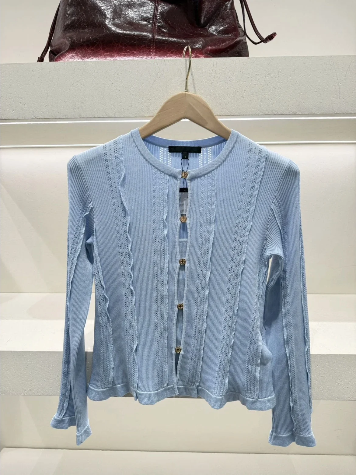 

Light Blue Knitted Sweater with Hollow out Metal Buckle Splicing Lace French Style Slim Fit Long Sleeve Short Length Cardigan