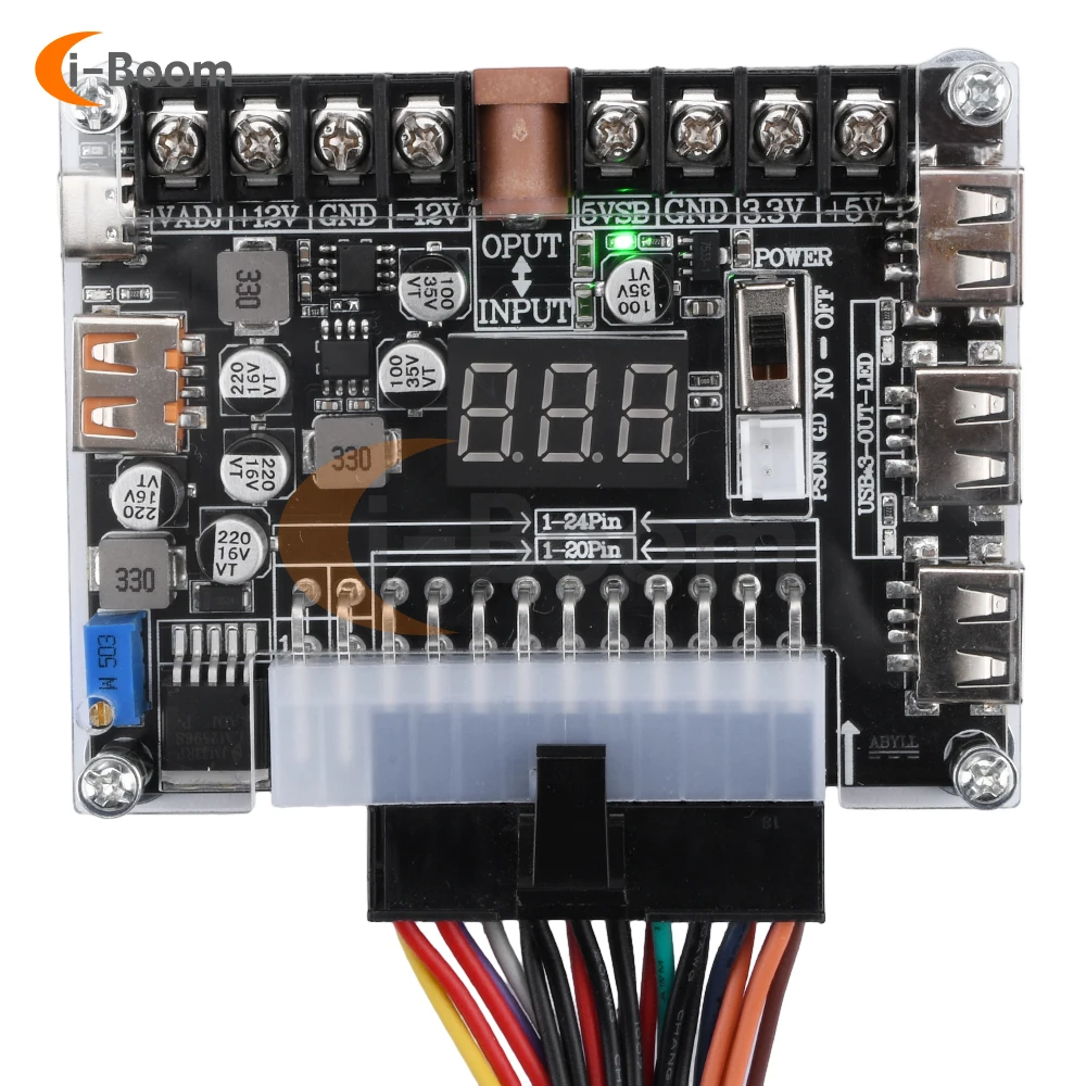 

20/24Pin ATX Power Adapter Pickup Board Power Module Adjustable Voltage Digital Display Type-C / USB / DC Output Interface
