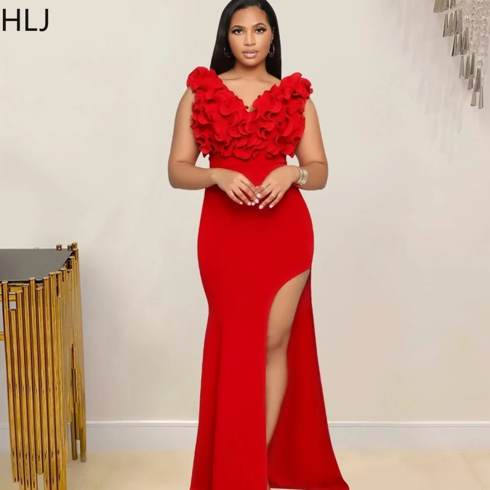 

HLJ Fashion Solid Color Ruffle V Neck Bodycon Slit Evening Party Dresses Women Sleeveless Slim Vestidos Female Ruched Clothing