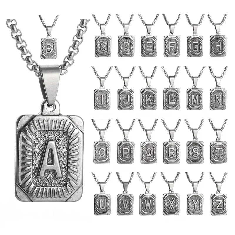 Trendy Hot Selling Initial A-Z Name Square Pendant Stainless Steel Necklace for Men Women Couples Keepsake Gifts