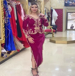 Traditional Karakou Algerian Evening Dress Vintage V Neck Long Sleeve Morrocan Prom Dresses Dubai Arabic Short Party Customized