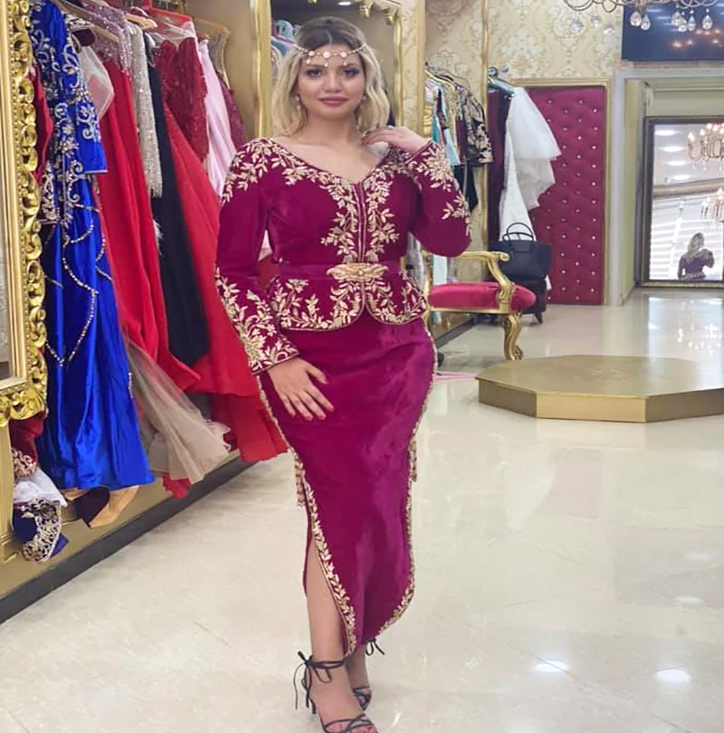 Traditional Karakou Algerian Evening Dress 2022 Vintage V Neck Long Sleeve Morrocan Prom Dresses Dubai Arabic Short Party Skirt