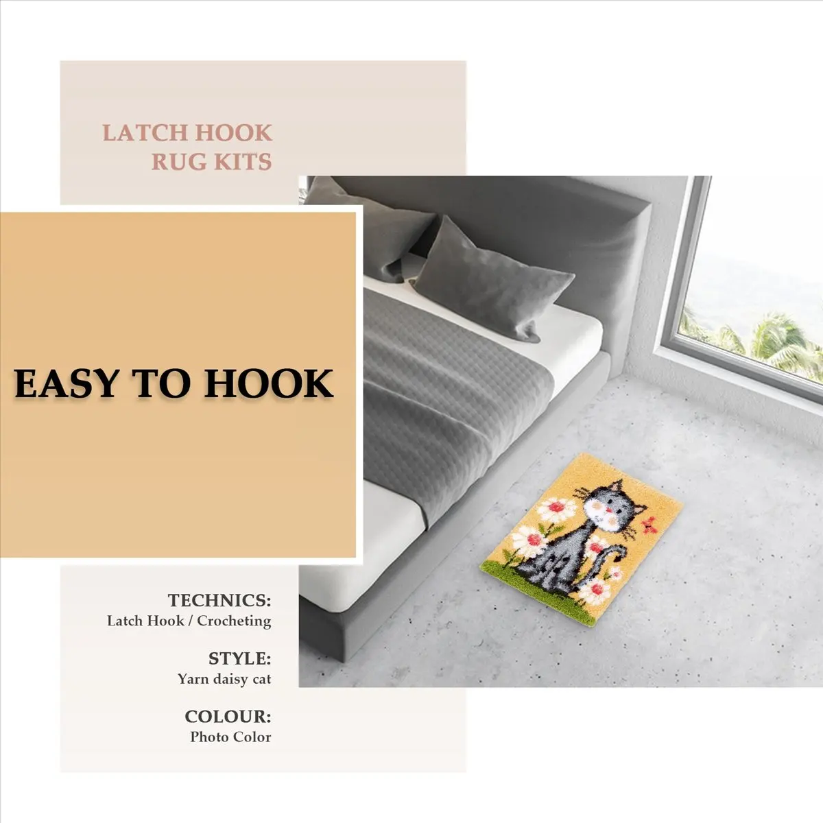 ABBQ SALE  Hook Rug Kits DIY Crochet Yarn Rugs Hooking Craft Kit with Color Preprinted Pattern Design for Adults Kids (Cat)