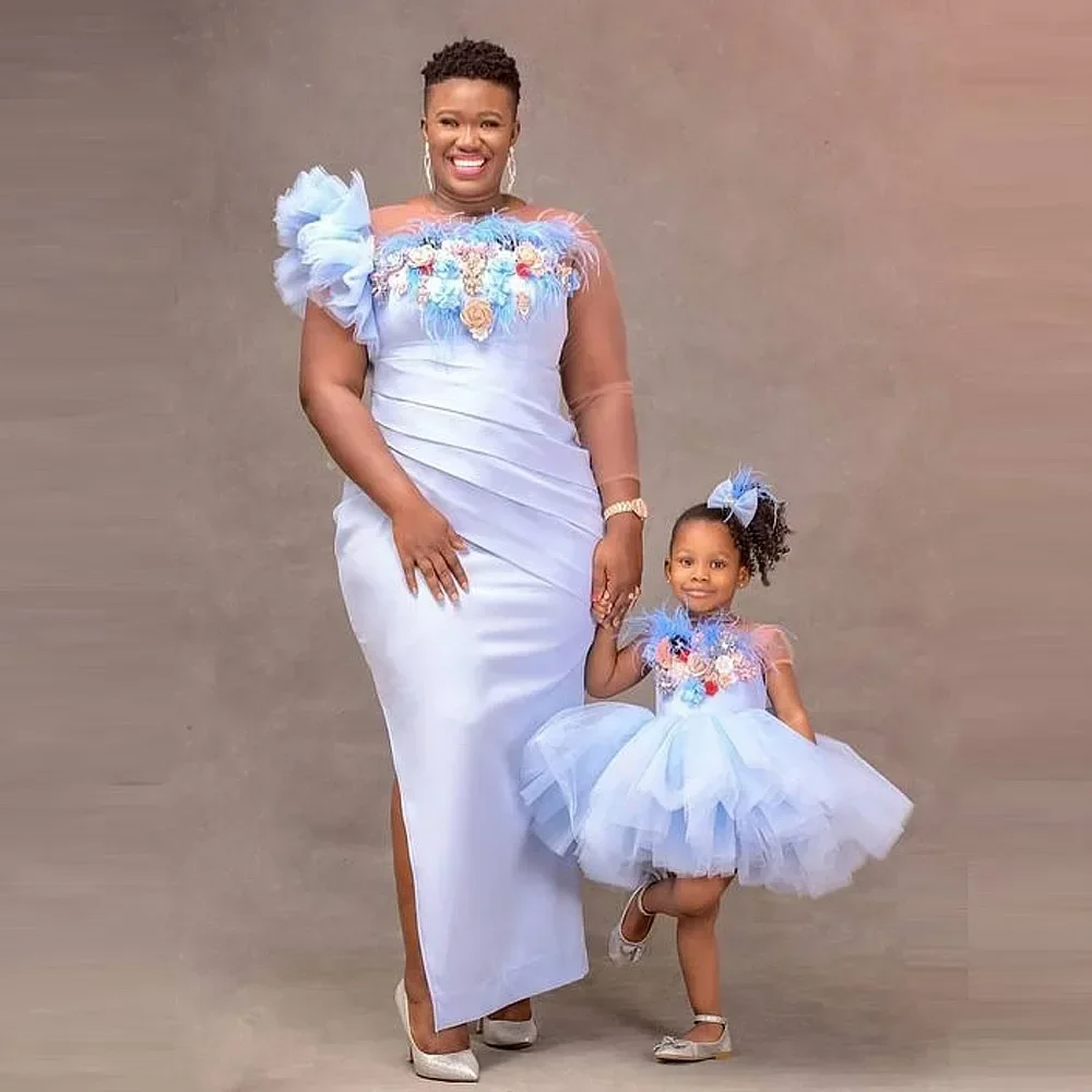 

Aso Ebi Mother Daughter Matching Dress for Photo Shoots One Shoulder Feathers Flowers Mommy and Me Outfits Birthday Family Look