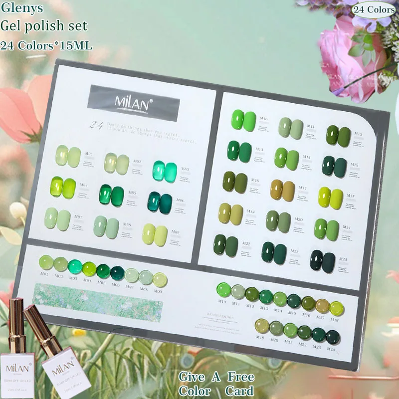 

Glenys 24-Color Green Pear Green Nail Polish Gel Set Delicate Fresh Immersion 15ml per Bottle for Nail Art Salon Color Card