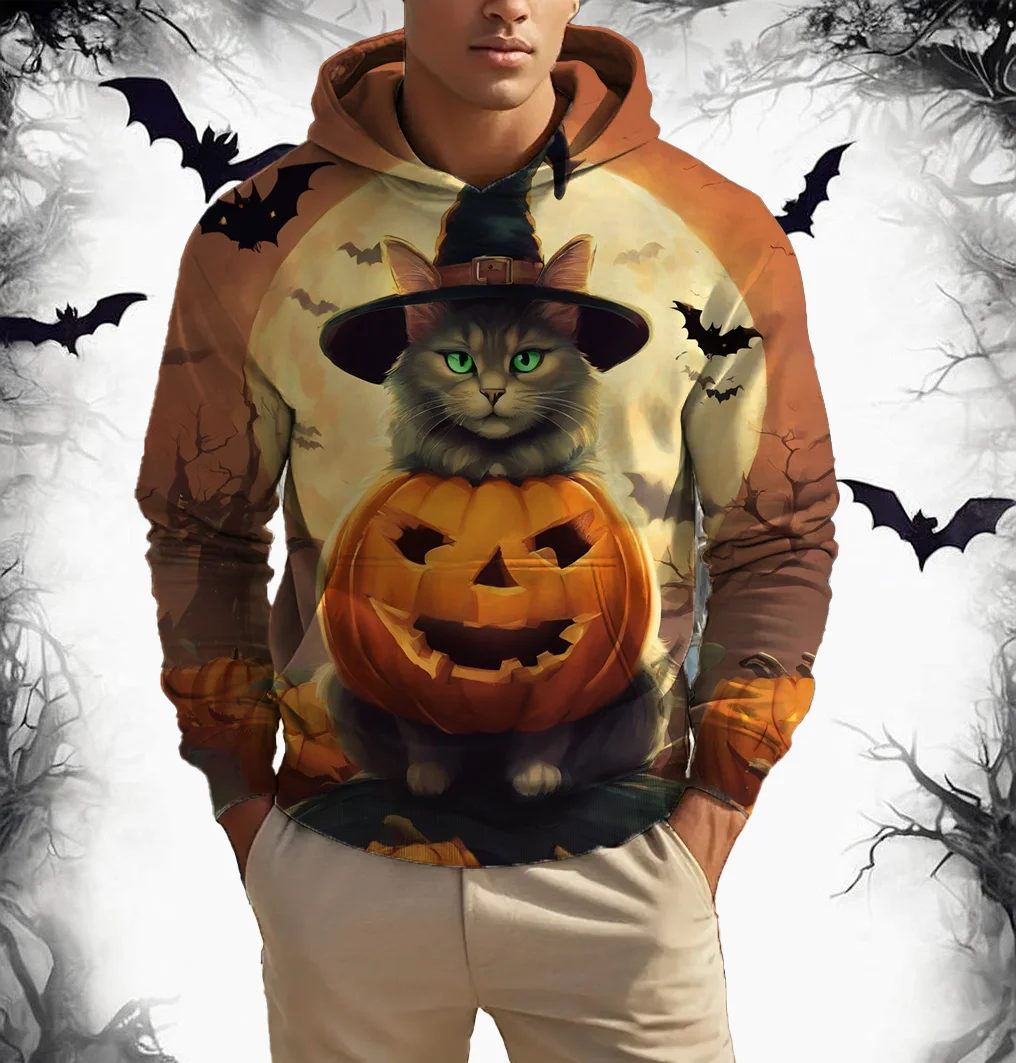 

3D Print Black Cat Graphic Men's Hoodie Halloween Theme Pumpkin Pattern Long Sleeve Hooded Clothes Autumn Winter Casual Pullover