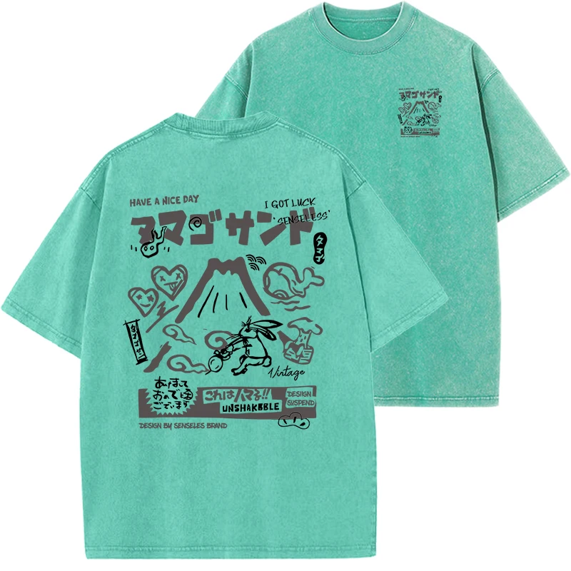 Volcano Rabbit Print Man s T Shirts Summer Vintage Washed Cotton Breathable Tshirt Japan Style Sweet Tees Loose Short
