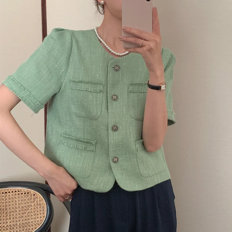 Moda coreana retrò girocollo bottone monopetto tinta unita 2025 Novità in giacche corte casual a maniche corte estive