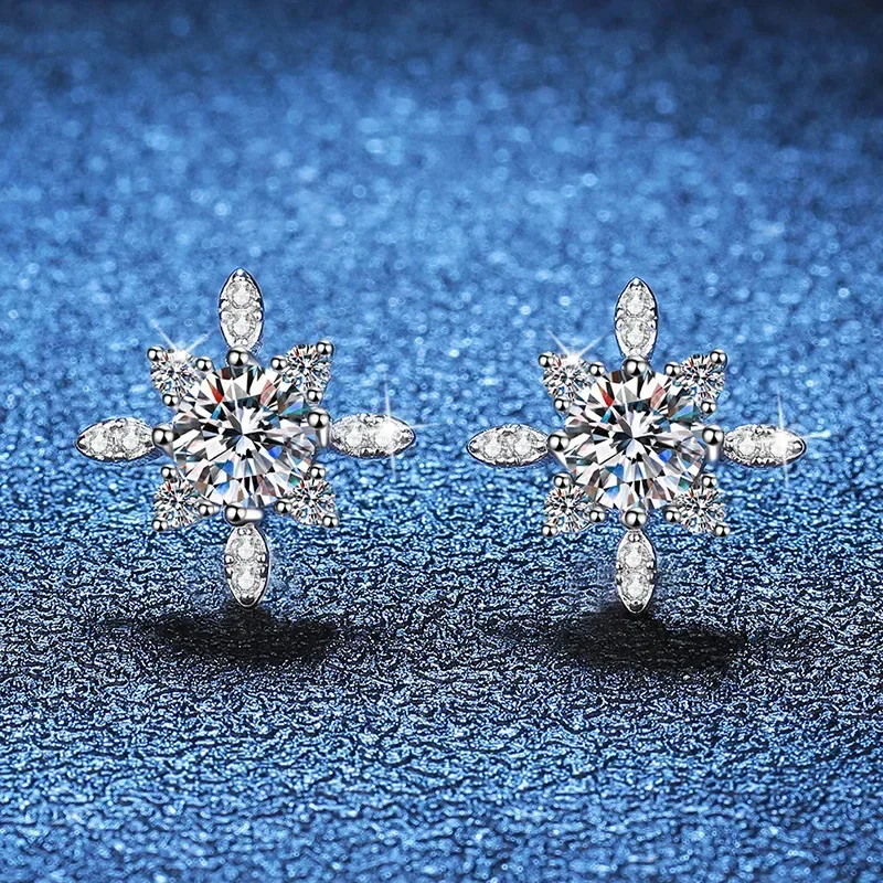 Test Passed Moissanite Stud Earrings Women Snowflake Earring 925 Sterling Silver Plated Rhodium Sparkly Fine Jewelry Gift