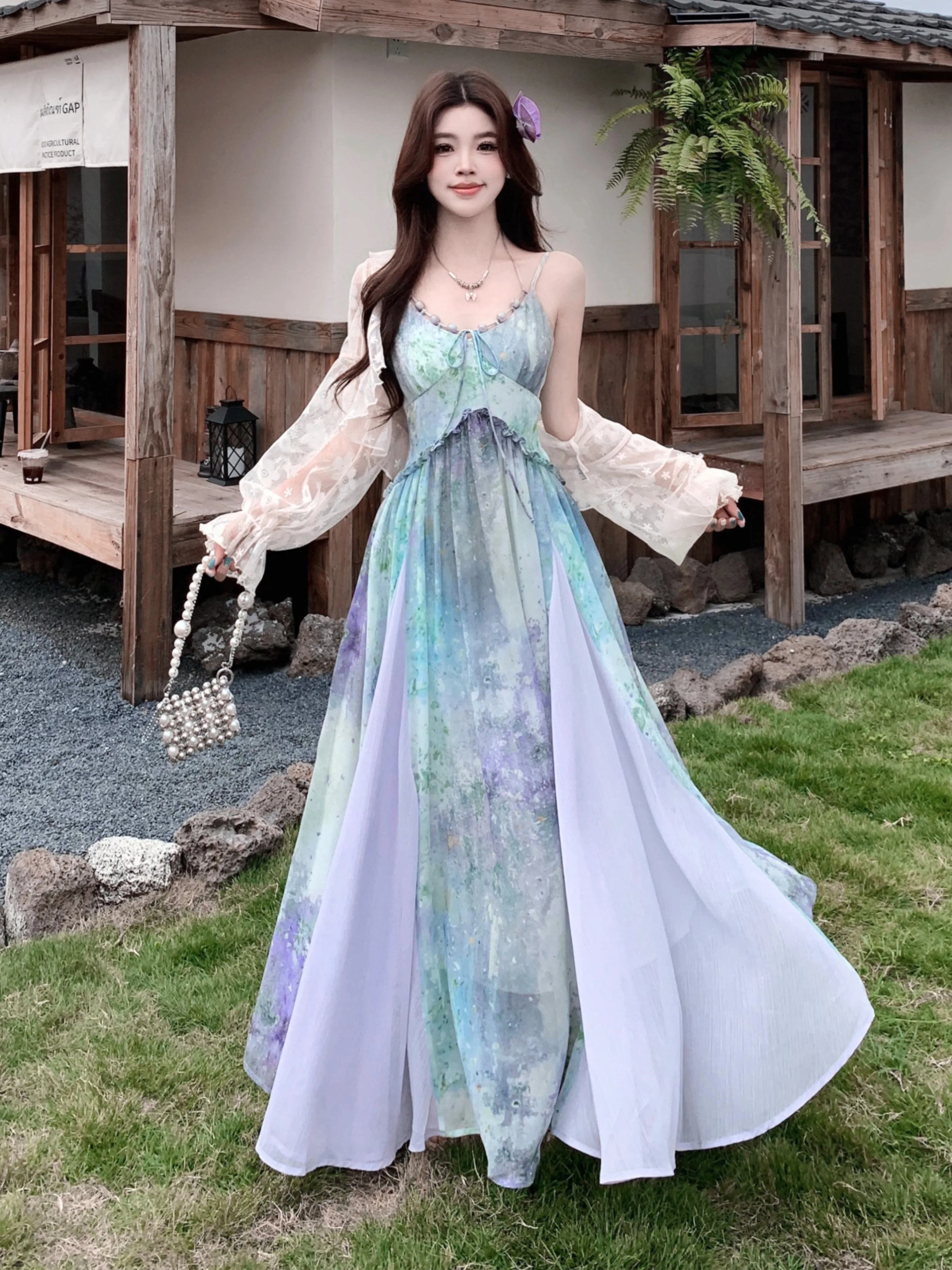 plus Size Women's V-Neck Beaded Lace Trim Summer Dress Two-Piece Set Casual Loose Fit Long Sleeve Printed Cardigan And Dress