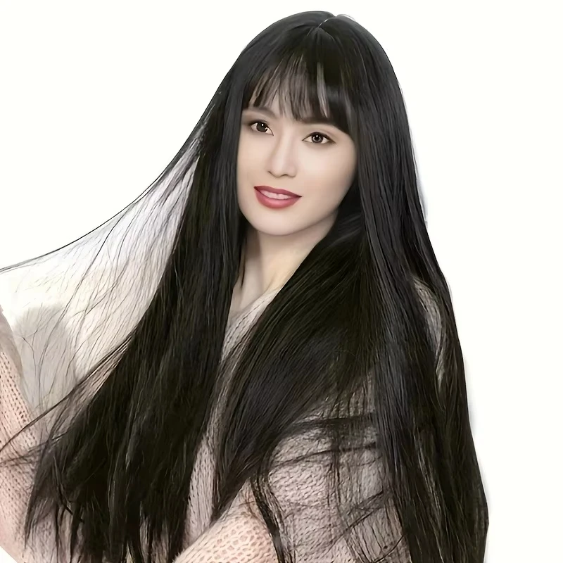 Peruca sintética de cabelo longo e reto preto para festa de Halloween peruca cosplay para uso diário, peruca acessório de cabelo de alta temperatura