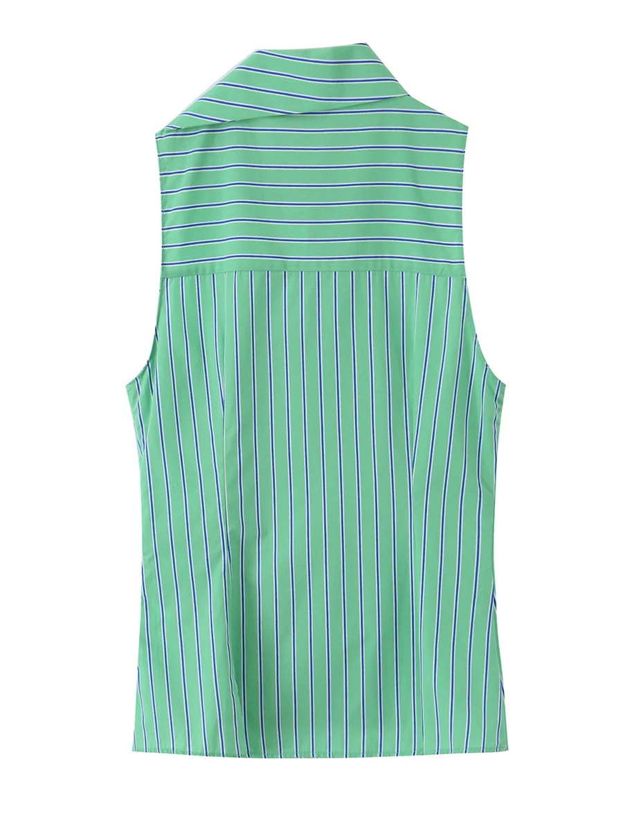 Women's Design  Knot Green Striped Sleeveless Shirt Collar Vest Top Polyester Fiber Flip-Collar Summer Outerwear