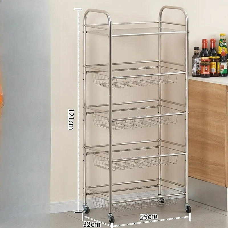 Stainless Steel Kitchen Cart Trolley Organizer Rolling Storage Foldable Mobile Multi Tier Fruit Vegetable Basket  Trolley Cart