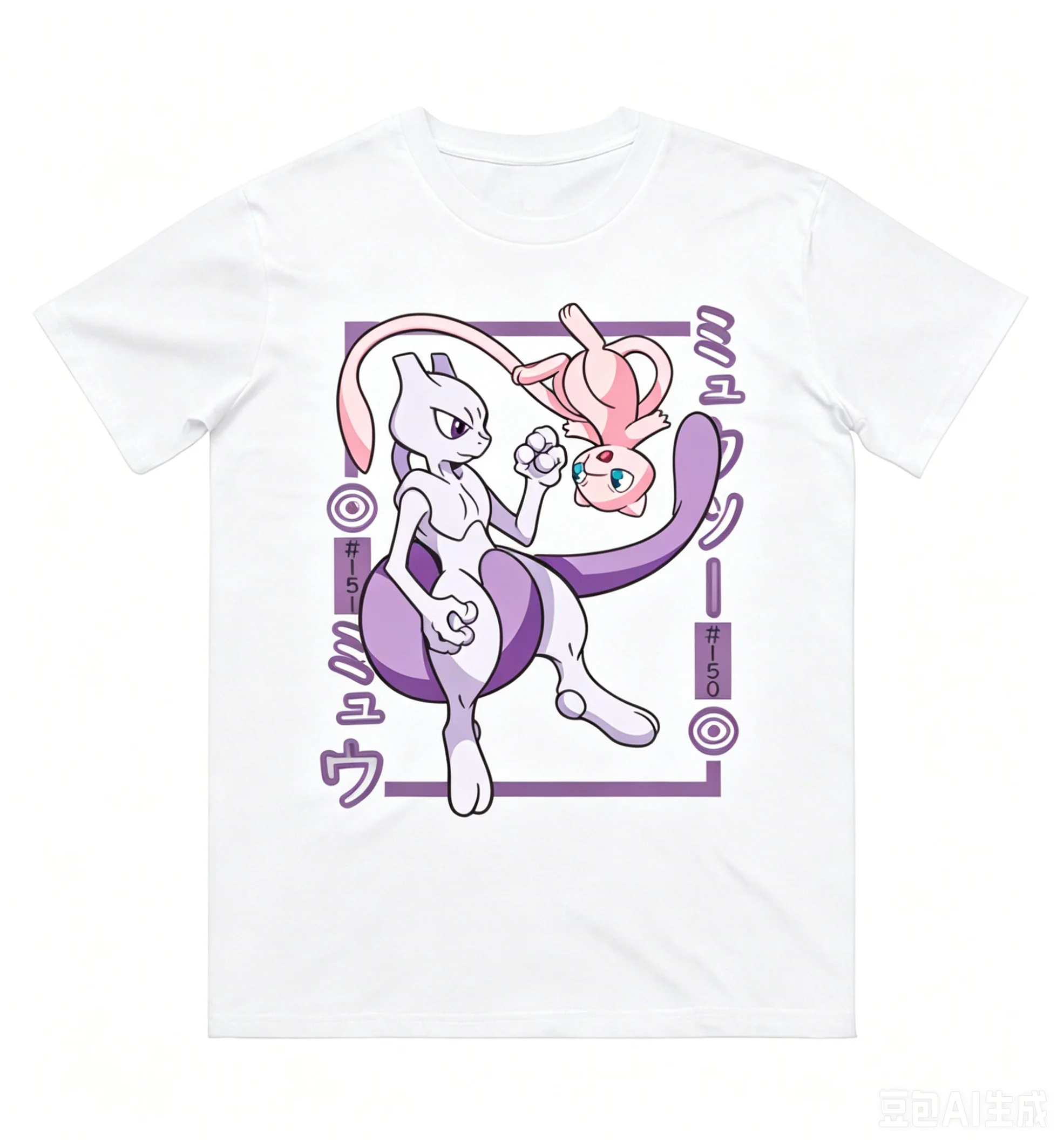 Pokémon Mewtwo Mew Print Polyester Short Sleeve T‑shirt Men Women Spring Summer New Fashion Tee