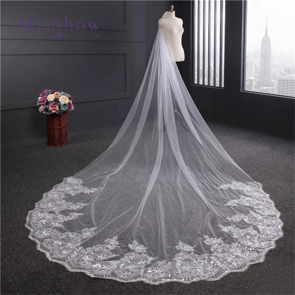 MisShow White Ivory Sequins Lace Edge Veils Cathedral Length Wedding Bridal Veil with Comb 1 Tier Long Woman Illusion Tulle