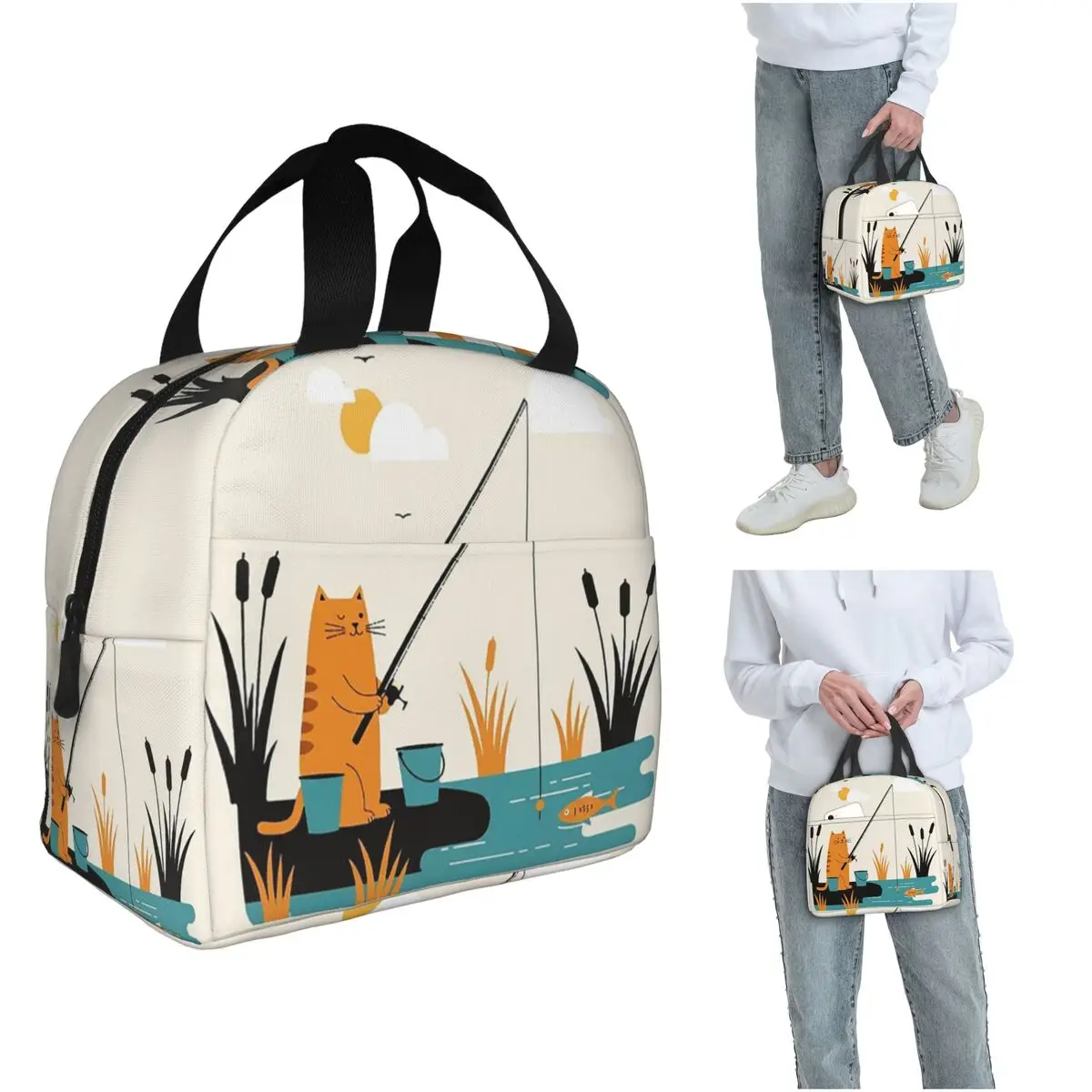 Isolierte Lunchtasche mit Cartoon-Motiv, kleine Katze beim Angeln, für Damen und Kinder, tragbare Lebensmittelboxen, Thermo-Lunchbox-Tragetasche