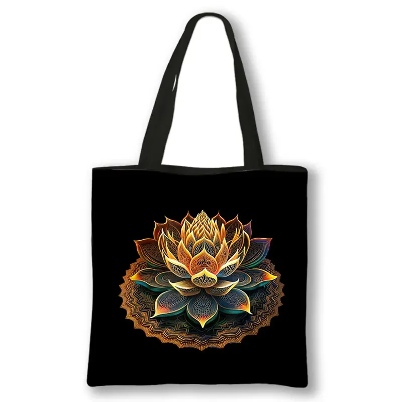 Retro Buddha Namaste Yoga Pattern Shoulder Bag Women Totes Bags for Travel Handbag Canvas Reusable Religious Zen Shopper Bags