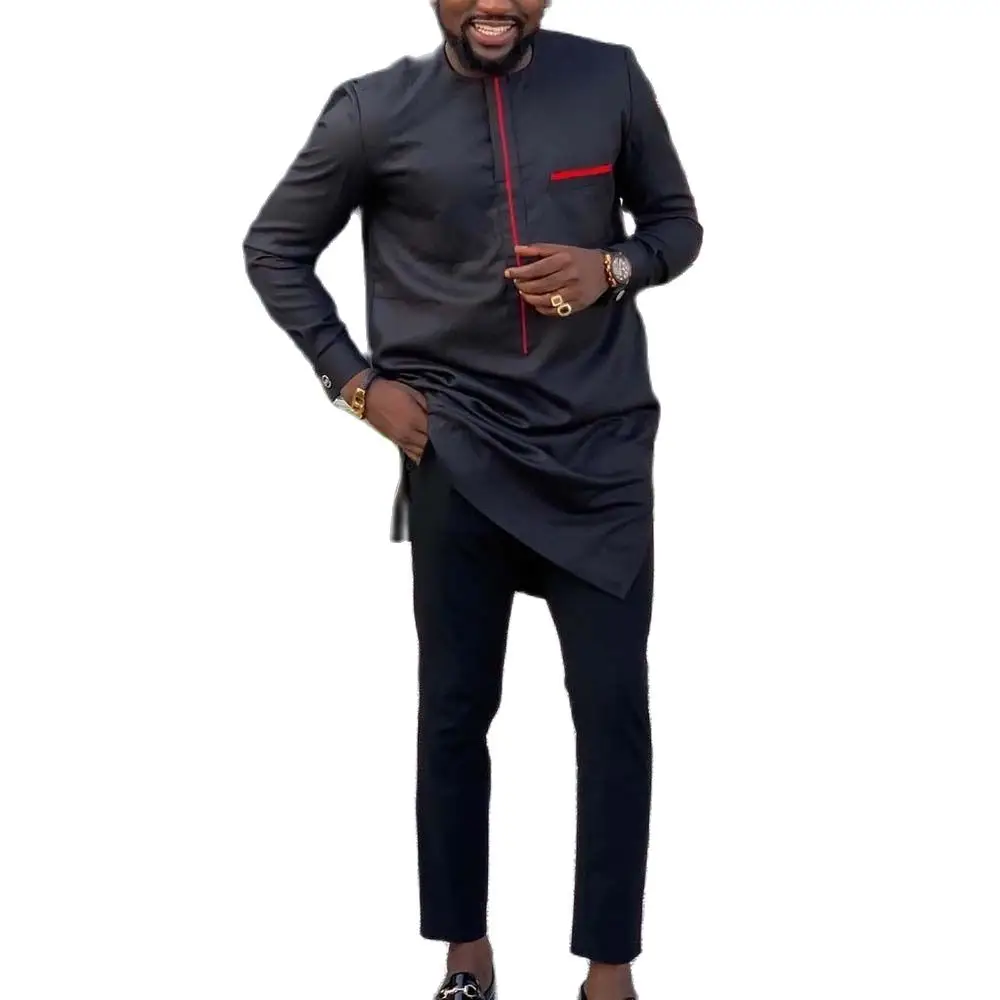 Dashiki Men Suit Black Long Sleeve Shirt Pant Set Men Two Piece Outfit Traditional Ethnic Elegant Suits African Men Clothing