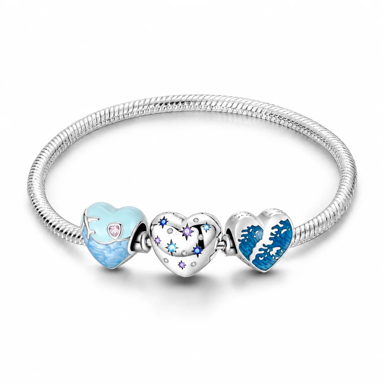 925 Sterling Silver Snake Chain Heart Bracelet with Blue Ocean Starry Sky Airplane Charm Bead Women Travel Vacation Jewelry Gift