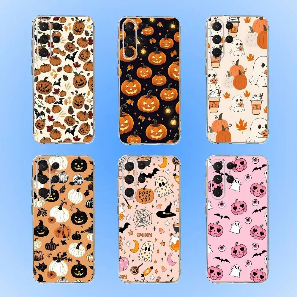 

Halloween Cute Pumpkin Skull Phone Case For Samsung S24,30,21,22,23,20 FE,lite,PIus,Ultra,5G,Note,9,10 Transparent Cover