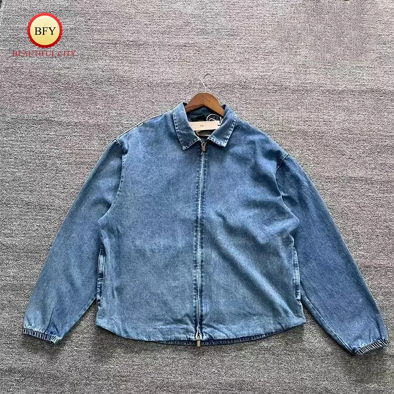 

24SS Trendy Solid Colour Blue Lapel Vintage Denim Jacket High Quality 1:1 Zip Workwear Mens Womens Jacket Suit