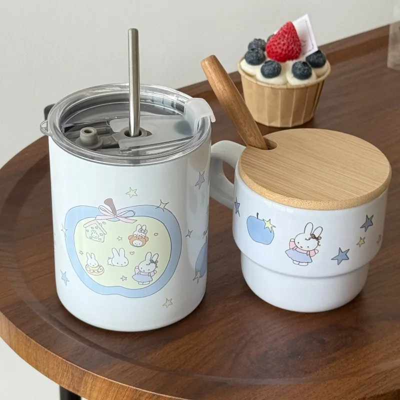Cartoon Kawaii Miffy Pottery Porcelain Stainless Steel Cup with A Lid Thick Anti Scald Convenient Easy To Clean Multifunction