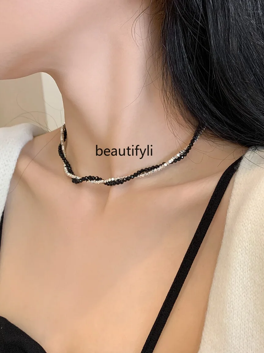 Elegant Beaded Black Agate Small Pieces of Silver Double-Layer Winding Fashion Necklace Niche Design Clavicle Chain