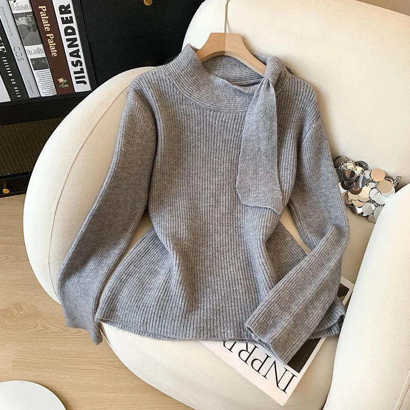 

Gentle Wind Bow Lace-up Knitted Sweater Women's Autumn and Winter Beautiful Soft Glutinous Loose Thick Loose Pullover