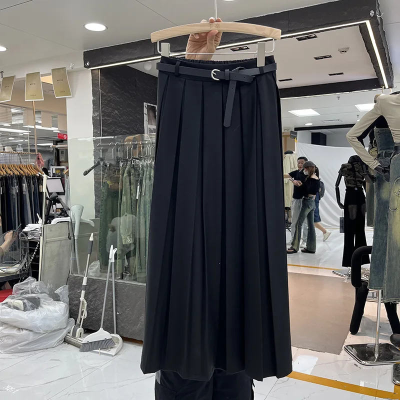 KUSAHIKI Korean Autumn 2023 College Style Pleated Skirt Fashion Elegant High Waisted with belt vausal Suit A-line Long Skirts