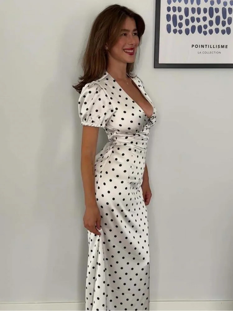 Articat elegante cetim bodycon festa clube vestido de noite feminino sexy com decote em v bolinhas vestido longo fino vestido formal 2025 verão novo