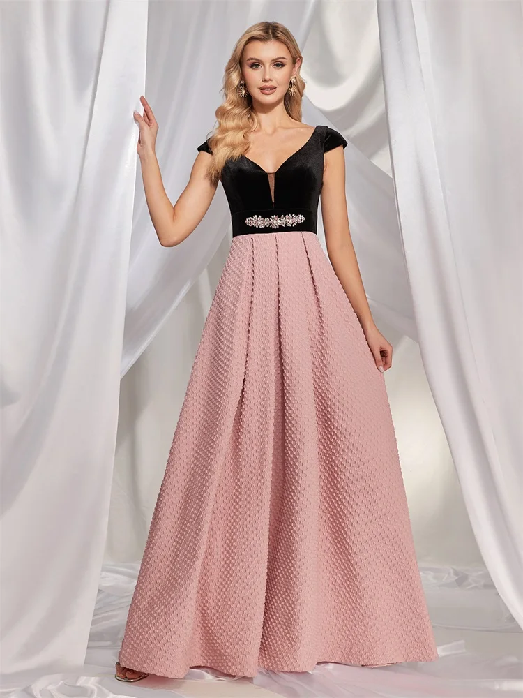 XUIBOLB Plus Size Elegant V-back Formal Evening Dress For Women Luxury 2024 V-neck Party Dress Prom Long Pink Cocktail Gowns