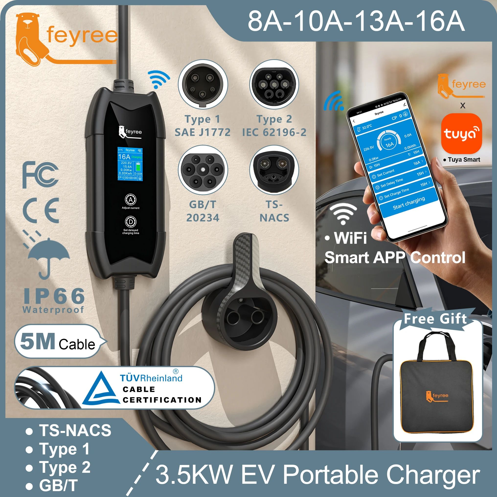 Feyree EV Charger 3.5KW APP Control TS-NACS Socket 16A EVSE Przenośne ładowanie dla modeli samochodów Tesla 3/Y/S/X Zestaw Charge&DelayTime