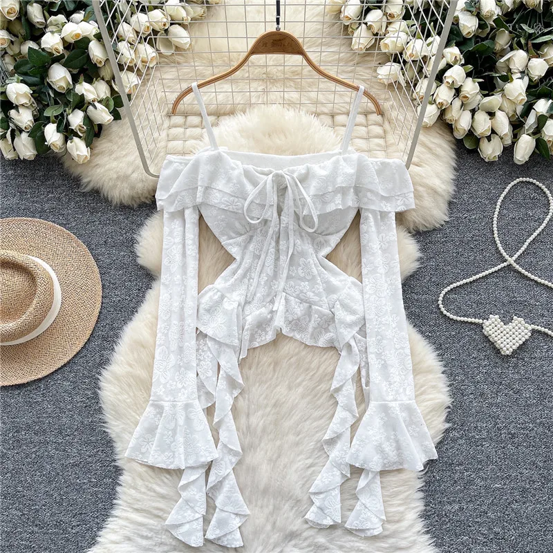 أسود وردي قبالة الكتف المرأة طويلة مضيئة كم قميص أبيض المشمش مائل الرقبة غير النظامية أعلى الأشرطة خريف جديد الكشكشة ضئيلة بلوزة