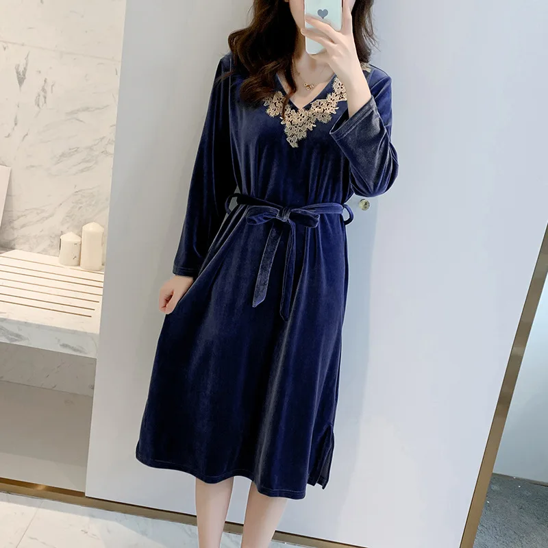 Winter Autumn Home Dressing Gown Nightdress for Women Warm Nightgown Sexy Velvet Sleepwear Loose Sleepwear Long Sleeve Bathrobe