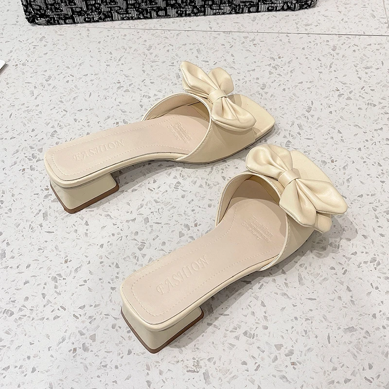 New Summer Slippers Low Heels Slides Female Peep Toe Square Heel bow Sandals Women Big Flip Flops  Flip Flops